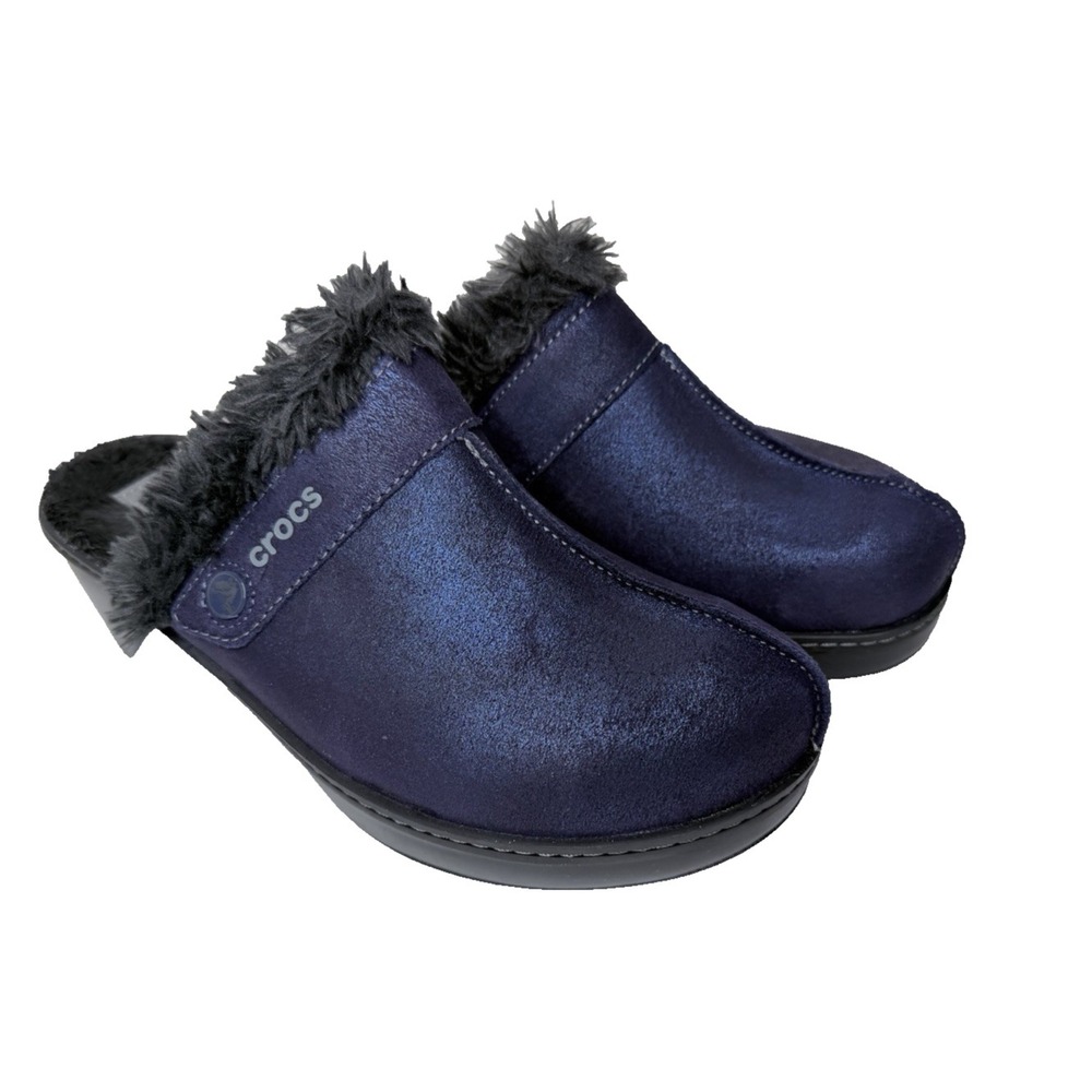 Crocs Berryessa Luxe Faux Fur Lined Mule Clogs Womens 8 Blue Metallic‎ Shoes
